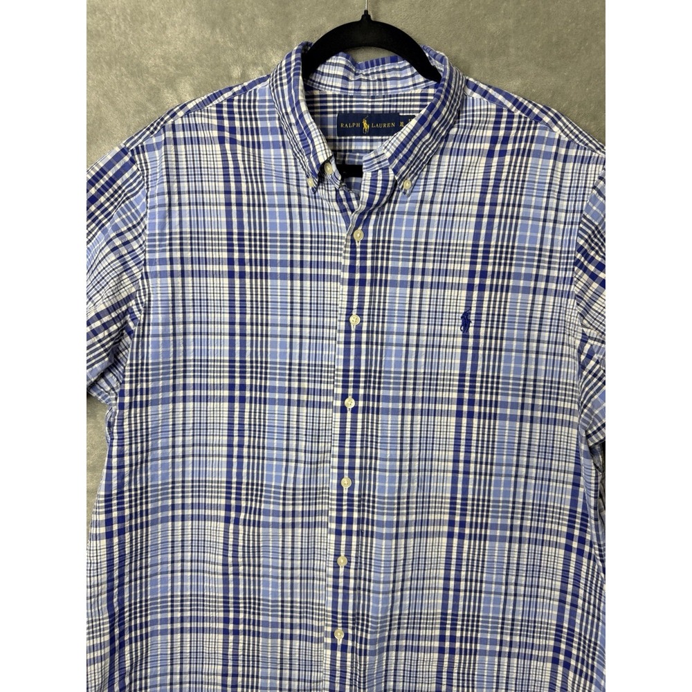 Ralph Lauren Mens XL Blue White Plaid Short Sleeve Button Down Shirt Classic Fit - Picture 2 of 7